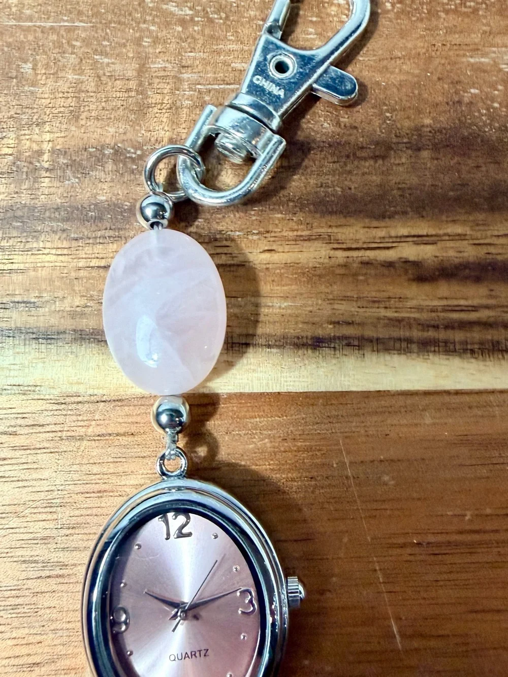 Vintage Avon Pink Dial Keychain Watch with Rose Quartz Accent